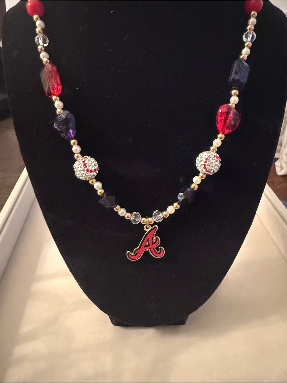 Atlanta Braves Inspired Beaded Necklace MLB charm 19 inches handmade Script 'A'